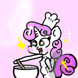 Size: 4096x4096 | Tagged: safe, artist:sweetsterty, imported from derpibooru, sweetie belle, pony, unicorn, blushing, chef's hat, chest fluff, cooking, cute, diasweetes, female, filly, foal, food, happy, hat, horn, innocent, open mouth, sharp teeth, sweetie belle can't cook, sweetie fail, teeth, this will end in pain, wingding eyes