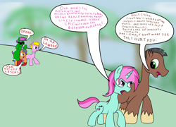 Size: 2500x1800 | Tagged: safe, artist:amateur-draw, imported from derpibooru, oc, oc only, oc:belle boue, oc:oak wood, earth pony, pony, unicorn, angry, bully, clothes, female, jewelry, laughing, mare, necklace, pearl necklace, simple background, speech bubble, sunglasses, text, unamused