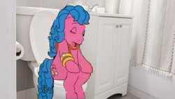 Size: 1280x720 | Tagged: safe, edit, edited screencap, imported from derpibooru, screencap, melody, earth pony, my little pony tales, background pony strikes again, bathroom, blue mane, but why, eyes closed, g1, implied pissing, implied pooping, pink body, relief, sink, sitting, sitting on toilet, solo, toilet, toilet paper