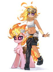 Size: 3023x4096 | Tagged: safe, artist:jfrxd, imported from derpibooru, oc, oc only, human, pony, unicorn, bare midriff, belly button, bracelet, chest fluff, clothes, fiery hair, fiery mane, fiery tail, gloves, goggles, horn, human ponidox, humanized, humanized oc, jewelry, looking at you, magenta eyes, midriff, pants, pony oc, purple eyes, self paradox, self ponidox, shoes, short shirt, simple background, standing, standing on one leg, tanktop, unicorn oc, white background, white pupils