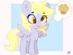 Size: 4000x3000 | Tagged: safe, artist:zokkili, imported from derpibooru, derpy hooves, pegasus, pony, :3, :p, cute, derpabetes, eyebrows, eyebrows visible through hair, food, muffin, smiling, solo, spread wings, that pony sure does love muffins, thought bubble, tongue out, wings