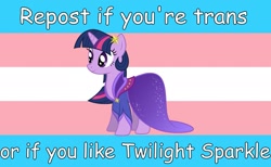 Size: 1735x1066 | Tagged: safe, imported from ponybooru, twilight sparkle, unicorn, alternate hairstyle, clothes, dress, female, headpiece, mare, pride, pride flag, solo, text, transgender pride flag, unicorn twilight