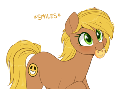 Size: 1140x830 | Tagged: safe, artist:higgly-chan, imported from derpibooru, earth pony, pony, blushing, cute, female, food, mare, mouth hold, simple background, smiley convention guest, smiley face, smiling, solo, unnamed character, unnamed pony, white background