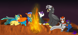 Size: 5142x2330 | Tagged: safe, artist:jack-varus, imported from derpibooru, oc, oc:ocean squall, oc:only, oc:pyra, classical hippogriff, earth pony, griffon, hippogriff, pony, robot, robot pony, unicorn, campfire, female, fire, griffon oc, group, hippogriff oc, hug, male, winghug, wings