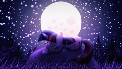 Size: 1258x709 | Tagged: safe, artist:orange becrux, imported from derpibooru, twilight sparkle, pony, unicorn, female, forest, moon, night, rock, sad, solo, stars, unicorn twilight