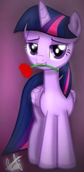 Size: 387x792 | Tagged: safe, artist:orange becrux, imported from derpibooru, twilight sparkle, alicorn, pony, female, flower, flower in mouth, looking at you, mouth hold, rose, rose in mouth, solo, twilight sparkle (alicorn)