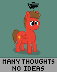 Size: 512x640 | Tagged: safe, artist:valuable ashes, imported from derpibooru, oc, oc only, oc:resin, pegasus, pony, blue eyes, confused, pixel art, simple background, solo, text, three quarter view