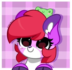 Size: 1356x1320 | Tagged: safe, artist:kittyrosie, imported from derpibooru, oc, oc only, oc:dawnfire, deer, deer pony, frog, hybrid, original species, bust, deer oc, female, non-pony oc, signature, solo