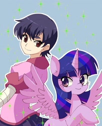 Size: 2440x3010 | Tagged: safe, artist:plusplus_pony, imported from derpibooru, twilight sparkle, alicorn, human, anime, bakemonogatari, blue background, duo, duo female, female, horn, human female, kanbaru suruga, outline, simple background, sparkles, spread wings, twilight sparkle (alicorn), white outline, wings