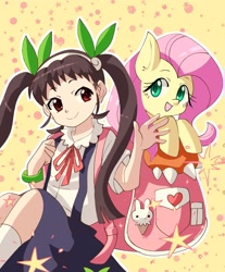 Size: 2460x2976 | Tagged: safe, artist:plusplus_pony, imported from derpibooru, fluttershy, human, pegasus, rabbit, animal, anime, bag, bakemonogatari, clothes, duo, duo female, female, human female, mayoi hachikuji, outline, polka dots, ribbon, schoolgirl, simple background, stars, white outline, wristband, yellow background