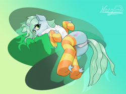 Size: 4224x3136 | Tagged: safe, artist:nergo, imported from derpibooru, oc, oc only, pony, unicorn, butt, chest fluff, clothes, dock, featureless crotch, female, gradient background, plot, socks, solo, stockings, striped socks, tail, thigh highs, tongue out