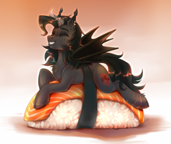 Size: 2200x1850 | Tagged: safe, artist:serodart, imported from derpibooru, oc, bat pony, bat ears, bat pony oc, bat wings, chest fluff, clothes, food, gradient background, lying down, piercing, ponies in food, ponies in sushi, scarf, smiling, solo, sushi, wings