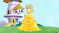 Size: 6000x3400 | Tagged: safe, artist:rainshadow, imported from derpibooru, sweet biscuit, human, equestria girls, beautiful, canterlot, castle, clothes, dress, equestria girls-ified, female, gloves, gown, jewelry, long gloves, petticoat, princess costume, princess dress