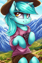 Size: 768x1152 | Tagged: safe, generator:ponydiffusion, imported from derpibooru, lyra heartstrings, semi-anthro, ai content, ai generated, clothes, cute, generator:stable diffusion, hat, looking at you, mountain, scenery, shirt, sitting, smiling, solo