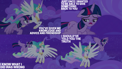 Size: 2000x1125 | Tagged: safe, edit, edited screencap, editor:quoterific, imported from derpibooru, screencap, princess celestia, twilight sparkle, horse play