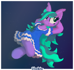 Size: 1324x1256 | Tagged: safe, artist:silvaqular, imported from derpibooru, oc, oc:cyanette, earth pony, pony, blue, bored, clothes, dress, floating, fluffy, jewelry, lying down, multicolored hair, multicolored mane, necklace, on back, relaxing, shading, solo, spiky hair, spiky mane, vibing, windy