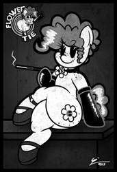 Size: 1260x1842 | Tagged: safe, artist:isaac_pony, imported from derpibooru, oc, oc only, oc:flower tie, earth pony, pony, semi-anthro, 30s, black and white, black and white cartoon, butt, butt freckles, cartoon, cartoon physics, cigarette, clothes, cutie mark, derp, female, flower, freckles, grayscale, huge butt, large butt, latex, latex socks, logo, looking at you, mare, monochrome, pac-man eyes, poster, shoes, smiling, socks, vector, vintage