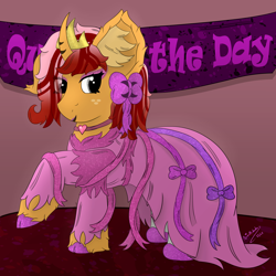 Size: 4000x4000 | Tagged: safe, artist:spiroudada, imported from derpibooru, oc, oc only, oc:dolly hooves, pony, unicorn, bow, clothes, crossdressing, cute, dress, event, makeup, male, party, pink, princess, princess week, princess week 2023, smiling, solo, stallion, transgender