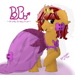 Size: 3000x3000 | Tagged: safe, artist:spiroudada, imported from derpibooru, oc, oc only, oc:dolly hooves, pony, unicorn, bow, clothes, crossdressing, cute, dress, event, makeup, male, party, pink, princess, princess week, princess week 2023, smiling, solo, stallion, transgender
