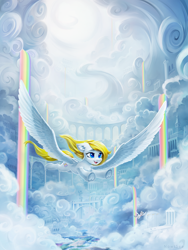 Size: 7500x10000 | Tagged: safe, artist:inowiseei, imported from derpibooru, oc, oc:candice, pegasus, pony, absurd file size, absurd resolution, beautiful, city, female, flying, liquid rainbow, mare, rainbow waterfall, scenery, solo