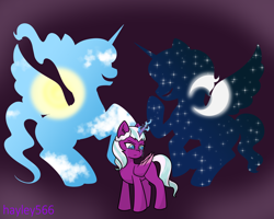 Size: 3200x2558 | Tagged: safe, artist:hayley566, imported from derpibooru, opaline arcana, princess celestia, princess luna, alicorn, pony, cloud, crying, female, filly, foal, g5, glowing, glowing horn, headcanon, horn, laughing, magic, moon, royal sisters, sad, siblings, silhouette, sisters, solo, stars, story included, sun, younger