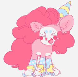 Size: 965x962 | Tagged: safe, artist:spaceboycelebration, imported from derpibooru, pinkie pie, earth pony, pony, clown, clown makeup, clown nose, cute, diapinkes, hat, party hat, pink background, red nose, roller skates, simple background, skates, solo, xd