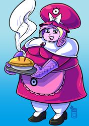 Size: 1412x2000 | Tagged: safe, artist:royaljellysandwicjh, imported from derpibooru, princess cadance, human, equestria girls, bbw, commission, crossover, dc comics, dean cadance, dean decadence, fat, female, food, mother mae-eye, obese, pie, princess decadence, solo, ssbbw, teen titans