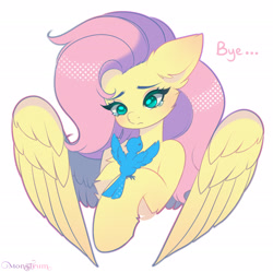 Size: 2492x2480 | Tagged: safe, artist:monstrum, imported from derpibooru, fluttershy, bird, pegasus, pony, crying, goodbye, meta, solo, twitter