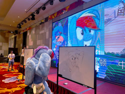 Size: 4032x3024 | Tagged: safe, derpibooru exclusive, imported from derpibooru, rainbow dash, human, pegasus, confused, csbc 2023, fursuit, hilarious in hindsight, irl, irl human, photo, ponysuit, traditional art, whiteboard