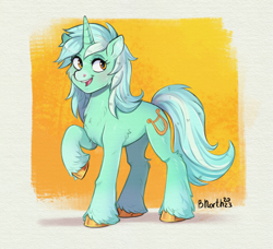 Size: 1516x1381 | Tagged: safe, artist:birdoffnorth, imported from derpibooru, lyra heartstrings, pony, unicorn, female, mare, open mouth, open smile, raised hoof, smiling, solo