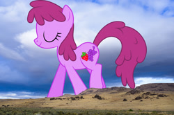 Size: 1300x865 | Tagged: safe, artist:dashiesparkle, edit, editor:jaredking779, imported from derpibooru, berry punch, berryshine, earth pony, pony, background pony, female, giant pony, giantess, highrise ponies, irl, macro, mare, mountain, mountain range, nature, photo, ponies in real life, solo