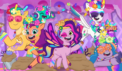 Size: 4001x2341 | Tagged: safe, edit, edited screencap, imported from derpibooru, screencap, hitch trailblazer, izzy moonbow, pipp petals, sunny starscout, zipp storm, pony, spoiler:g5, spoiler:my little pony: tell your tale, spoiler:tyts01e55, bridlewoodstock (tell your tale), female, g5, male, my little pony: tell your tale, sparky sparkeroni, upscaled, wallpaper