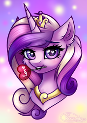 Size: 2480x3508 | Tagged: safe, artist:kruszynka25, imported from derpibooru, princess cadance, alicorn, bust, candy, digital art, ear fluff, eyebrows, eyebrows visible through hair, female, food, happy, heart, heart eyes, lollipop, looking at you, love, mare, mouth hold, simple background, smiling, solo, wingding eyes