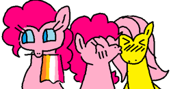 Size: 2017x1057 | Tagged: safe, artist:devilbunzz, imported from derpibooru, fluttershy, pinkie pie, earth pony, pegasus, pony, blushing, cheek kiss, eyes closed, female, flutterpie, kissing, lesbian, lesbian pride flag, pride, pride flag, shipping, simple background, white background
