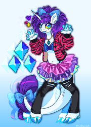 Size: 1078x1500 | Tagged: safe, artist:devilbunzz, imported from derpibooru, rarity, anthro, pony, unguligrade anthro, unicorn, alternate hairstyle, bow, clothes, cloven hooves, ear piercing, eyeshadow, hair bow, jacket, jewelry, leonine tail, makeup, necklace, piercing, skirt, solo, tail, tail bow
