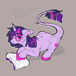 Size: 540x540 | Tagged: safe, artist:muckyschmuck, imported from derpibooru, twilight sparkle, pony, unicorn, book, colored hooves, ear piercing, glasses, leonine tail, lying down, open book, piercing, reading, simple background, tail, tail wag, unicorn twilight