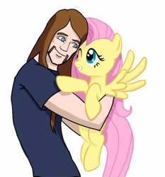 Size: 1016x1091 | Tagged: artist needed, safe, imported from derpibooru, fluttershy, oc, human, pegasus, pony, clothes, crossover, cute, grin, holding a pony, hug, metalocalypse, one eye closed, shirt, shyabetes, simple background, smiling, toki wartooth, white background