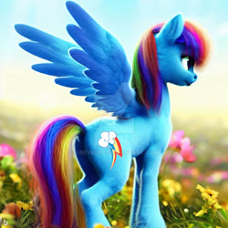 Size: 1600x1600 | Tagged: safe, imported from derpibooru, rainbow dash, pegasus, pony, ai content, ai generated, flower, grass, outdoors, realistic, spread wings, wings