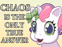 Size: 320x239 | Tagged: safe, imported from derpibooru, sweetie belle, sweetie belle (g3), pony, unicorn, bow, bust, caption, chaos, dissonant caption, female, filly, foal, g3, g3.5, image macro, newborn cuties, open mouth, portrait, reaction image, simple background, solo, text, yellow background