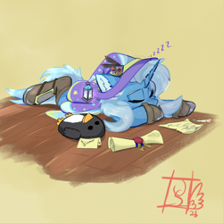 Size: 2000x2000 | Tagged: safe, artist:jubyskylines, imported from derpibooru, trixie, pony, unicorn, cape, clothes, female, hat, mare, onomatopoeia, plushie, scroll, simple background, sleeping, solo, sound effects, trixie's hat, yellow background, zzz