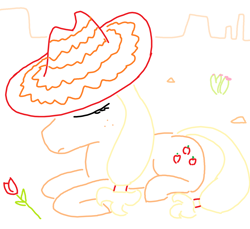 Size: 1364x1252 | Tagged: safe, artist:purblehoers, imported from derpibooru, applejack, cactus, desert, flower, hat, lying down, ms paint, rock, rose, sad, simple background, solo, sombrero, white background