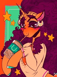 Size: 1536x2048 | Tagged: safe, artist:rare-apples, imported from derpibooru, saffron masala, pony, unicorn, 2d, clothes, colored, cup, digital art, drink, female, g4, happy, headband, holding, long hair, looking at you, mare, shirt, smiling, smiling at you, solo, straw