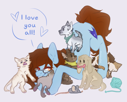 Size: 3891x3121 | Tagged: safe, artist:dreamyrat, imported from derpibooru, oc, oc only, cat, dog, earth pony, pony, brown mane, brown tail, clothes, commission, dialogue, earth pony oc, face down ass up, female, glasses, hug, mare, open mouth, open smile, pet, scarf, simple background, smiling, tail, toy, yellow eyes