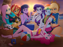 Size: 3000x2248 | Tagged: safe, artist:theretroart88, imported from derpibooru, angel bunny, applejack, fluttershy, pinkie pie, rainbow dash, rarity, sci-twi, sunset shimmer, twilight sparkle, alicorn, bird, rabbit, seagull, equestria girls, animal, applejack's beach shorts swimsuit, barefoot, basket, beach, belly button, bikini, bikini bottom, bikini top, breasts, busty applejack, busty fluttershy, busty mane six, busty pinkie pie, busty rainbow dash, busty rarity, busty sunset shimmer, busty twilight sparkle, clothes, feet, female, humane five, humane seven, humane six, lidded eyes, lip bite, looking at you, mane six, one eye closed, outdoors, pepsi, picnic basket, rainbow dash's beach shorts swimsuit, rarity's beach shorts swimsuit, sand, sci-twi swimsuit, soda, sunset, swimsuit, twilight sparkle (alicorn), wink, winking at you