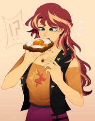 Size: 1557x1983 | Tagged: safe, artist:honekiez, imported from derpibooru, sunset shimmer, human, equestria girls, clothes, food, geode of empathy, gradient background, jacket, jewelry, magical geodes, necklace, solo, sweat, sweatdrop