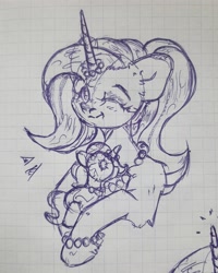 Size: 2736x3418 | Tagged: safe, artist:starkey, imported from derpibooru, oc, oc only, unicorn, beads, bracelet, braid, braided tail, chest fluff, ear fluff, female, fur, graph paper, horn, jewelry, looking at you, mare, one eye closed, open mouth, sketch, smiling, solo, tail, toy, traditional art, unicorn oc, wink, winking at you