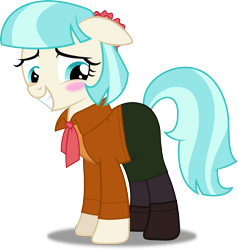 Size: 3814x4000 | Tagged: safe, artist:dashiesparkle, artist:edy_january, edit, imported from derpibooru, vector edit, coco pommel, earth pony, pony, ashley graham, biohazard, blushing, boots, clothes, link in description, mantle, parody, resident evil, resident evil 4, resident evil 4 remake, ribbon, shoes, simple background, transparent background, vector, vector used