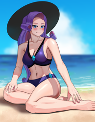 Size: 3186x4096 | Tagged: safe, artist:tzc, imported from derpibooru, rarity, human, equestria girls, ankles, barefoot, beach, bedroom eyes, belly button, bikini, breasts, cleavage, clothes, cloud, cute, diamond, feet, female, hat, human coloration, legs, looking at you, midriff, ocean, outdoors, raribetes, solo, solo female, stupid sexy rarity, sun hat, swimsuit, toes, water