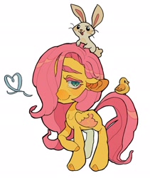 Size: 1726x2048 | Tagged: safe, artist:zira_dawn, imported from derpibooru, angel bunny, fluttershy, bird, pegasus, pony, rabbit, angel riding fluttershy, animal, cute, female, floppy ears, hair over one eye, heart, looking at you, mare, missing cutie mark, shyabetes, simple background, smiling, smiling at you, white background