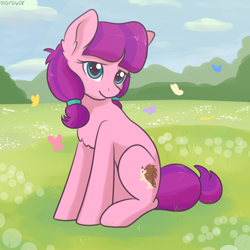 Size: 1512x1512 | Tagged: safe, artist:maravor, imported from derpibooru, lily longsocks, earth pony, pony, background pony, female, field, filly, foal, mare, sitting, smiling, solo